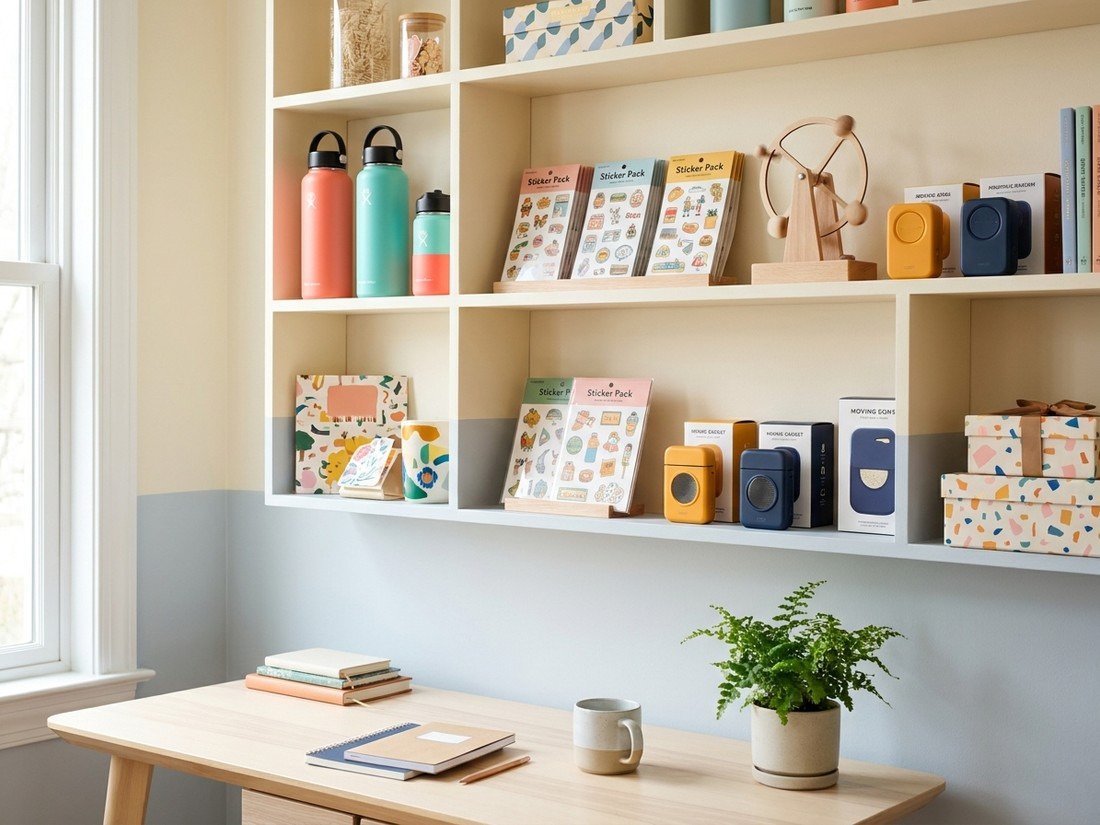 A styled desk shelf
